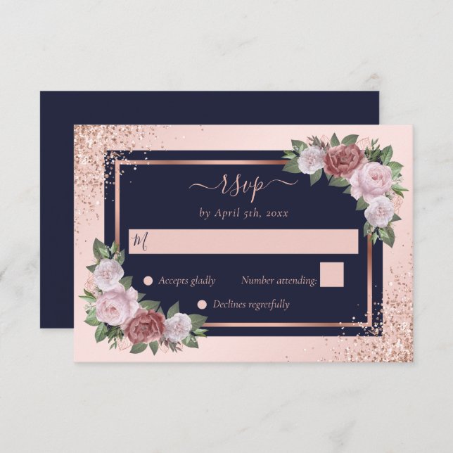 Navy Blue Rose Gold Blush Pink Floral Wedding RSVP Card (Front/Back)