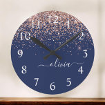 Navy Blue Rose Gold Blush Pink Glitter Monogram<br><div class="desc">Navy Blue and Rose Gold Blush Pink Sparkle Glitter Brushed Script Monogram Name Clock. This makes the perfect sweet 16 birthday,  wedding,  bridal shower,  anniversary,  baby shower or bachelorette party gift for someone that loves glam luxury and chic styles.</div>