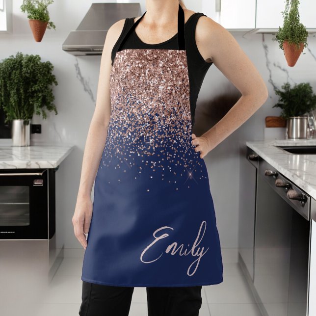 Navy Blue Rose Gold Blush Pink Glitter Monogram Apron (Creator Uploaded)