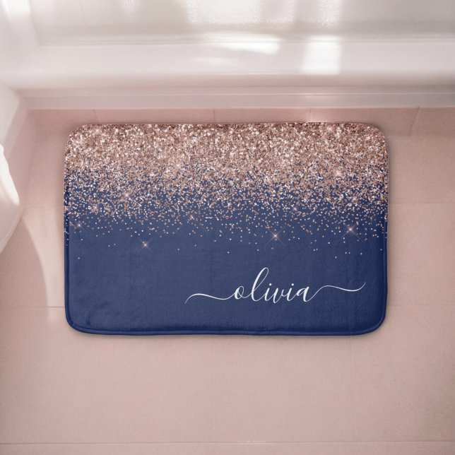 Navy Blue Rose Gold Blush Pink Glitter Monogram Bath Mat (Creator Uploaded)