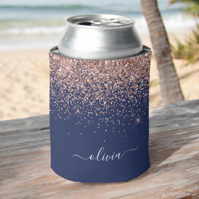 Navy Blue Rose Gold Blush Pink Glitter Monogram Can Cooler (Creator Uploaded)
