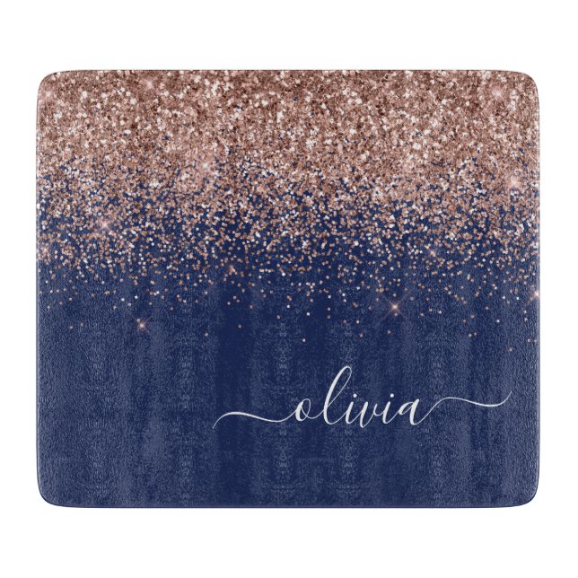 Navy Blue Rose Gold Blush Pink Glitter Monogram Cutting Board (Front)