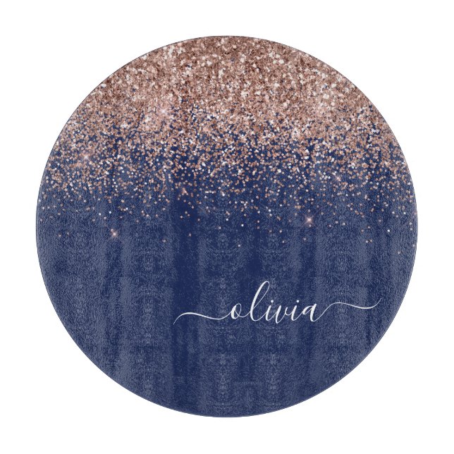 Navy Blue Rose Gold Blush Pink Glitter Monogram Cutting Board (Front)