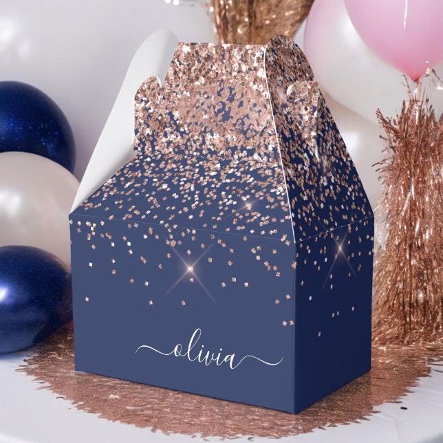 Navy Blue Rose Gold Blush Pink Glitter Monogram Favour Box (Creator Uploaded)