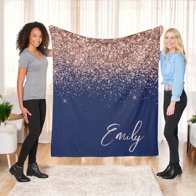 Navy Blue Rose Gold Blush Pink Glitter Monogram Fleece Blanket (Creator Uploaded)