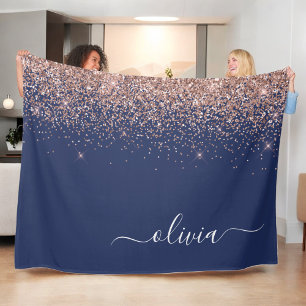 Navy Blue Rose Gold Blush Pink Glitter Monogram Fleece Blanket