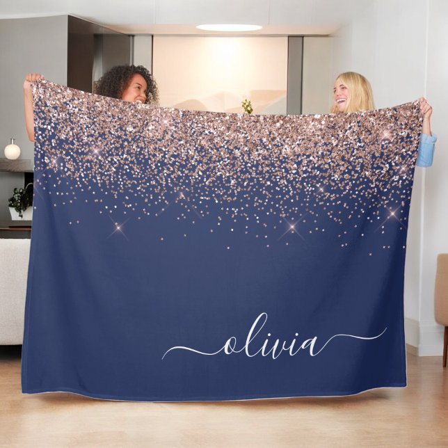 Navy Blue Rose Gold Blush Pink Glitter Monogram Fleece Blanket (Creator Uploaded)