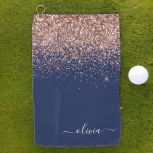 Navy Blue Rose Gold Blush Pink Glitter Monogram Golf Towel