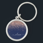 Navy Blue Rose Gold Blush Pink Glitter Monogram Key Ring<br><div class="desc">Rose Gold - Blush Pink and Navy Blue Sparkle Glitter Script Monogram Name Keychains (Key Chain). This makes the perfect sweet 16 birthday,  wedding,  bridal shower,  anniversary,  baby shower or bachelorette party gift for someone that loves glam luxury and chic styles.</div>