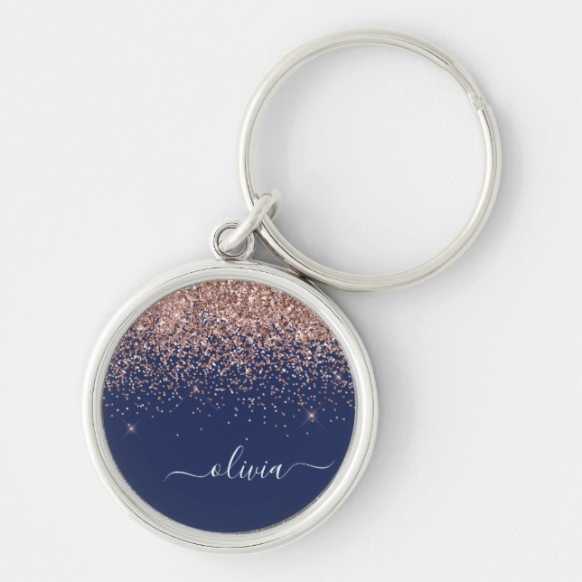 Navy Blue Rose Gold Blush Pink Glitter Monogram Key Ring (Front)