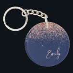 Navy Blue Rose Gold Blush Pink Glitter Monogram  Key Ring<br><div class="desc">Navy Blue and Rose Gold - Blush Pink Sparkle Glitter Script Monogram Name Keychain. This makes the perfect sweet 16 birthday,  wedding,  bridal shower,  anniversary,  baby shower or bachelorette party gift for someone that loves glam luxury and chic styles.</div>