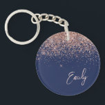 Navy Blue Rose Gold Blush Pink Glitter Monogram  Key Ring<br><div class="desc">Navy Blue and Rose Gold - Blush Pink Sparkle Glitter Script Monogram Name Keychain. This makes the perfect sweet 16 birthday,  wedding,  bridal shower,  anniversary,  baby shower or bachelorette party gift for someone that loves glam luxury and chic styles.</div>