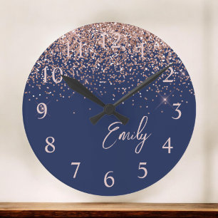 Navy Blue Rose Gold Blush Pink Glitter Monogram Large Clock