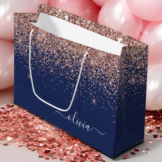 Navy Blue Rose Gold Blush Pink Glitter Monogram Large Gift Bag (Creator Uploaded)