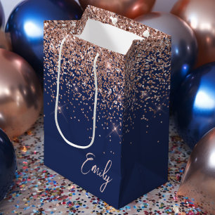Navy Blue Rose Gold Blush Pink Glitter Monogram Medium Gift Bag