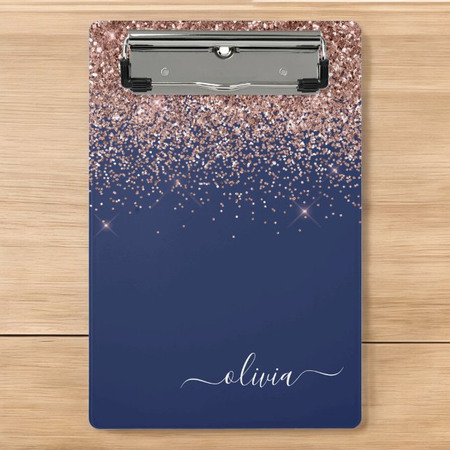 Navy Blue Rose Gold Blush Pink Glitter Monogram Mini Clipboard (Creator Uploaded)