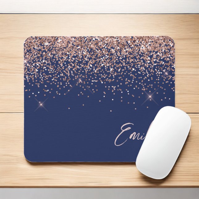 Navy Blue Rose Gold - Blush Pink Glitter Monogram Mouse Pad (Creator Uploaded)