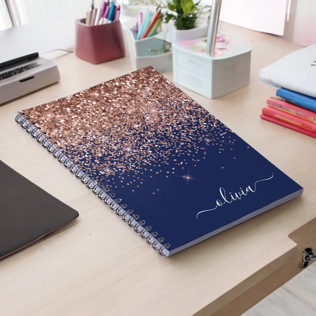 Navy Blue Rose Gold Blush Pink Glitter Monogram Notebook (Creator Uploaded)