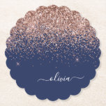 Navy Blue Rose Gold Blush Pink Glitter Monogram Paper Coaster<br><div class="desc">Navy Blue and Rose Gold - Blush Pink Sparkle Glitter Script Monogram Name Paper Coasters. This makes the perfect graduation,  birthday,  wedding,  bridal shower,  anniversary,  baby shower or bachelorette party gift for someone that loves glam luxury and chic styles.</div>