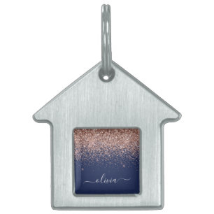 Navy Blue Rose Gold Blush Pink Glitter Monogram Pet ID Tag