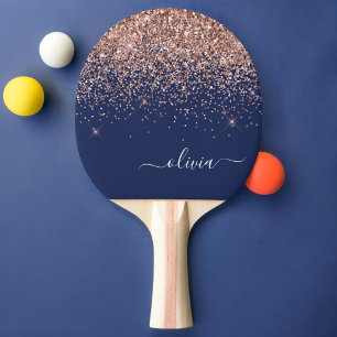 Navy Blue Rose Gold Blush Pink Glitter Monogram Ping Pong Paddle