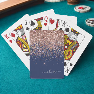 Navy Blue Rose Gold Blush Pink Glitter Monogram Playing Cards