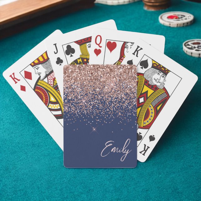 Navy Blue Rose Gold Blush Pink Glitter Monogram Playing Cards (Creator Uploaded)