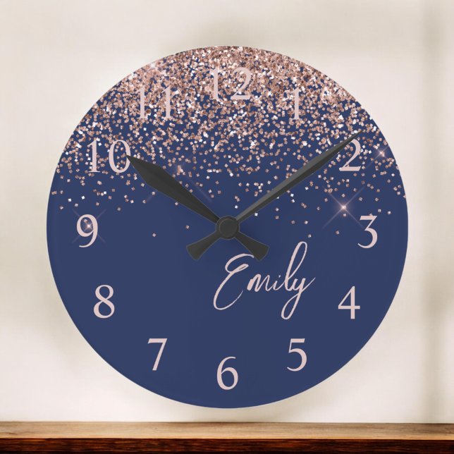 Navy Blue Rose Gold Blush Pink Glitter Monogram Round Clock (Creator Uploaded)