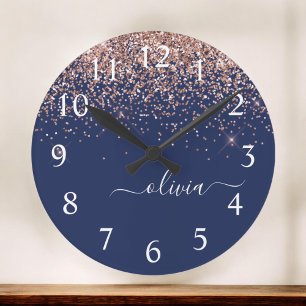 Navy Blue Rose Gold Blush Pink Glitter Monogram Round Clock