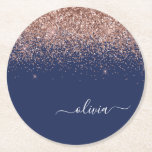 Navy Blue Rose Gold Blush Pink Glitter Monogram Round Paper Coaster<br><div class="desc">Navy Blue and Rose Gold - Blush Pink Sparkle Glitter Script Monogram Name Paper Coasters. This makes the perfect graduation,  birthday,  wedding,  bridal shower,  anniversary,  baby shower or bachelorette party gift for someone that loves glam luxury and chic styles.</div>