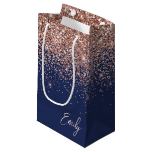 Navy Blue Rose Gold Blush Pink Glitter Monogram Small Gift Bag