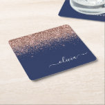 Navy Blue Rose Gold Blush Pink Glitter Monogram Square Paper Coaster<br><div class="desc">Navy Blue and Rose Gold - Blush Pink Sparkle Glitter Script Monogram Name Paper Coasters. This makes the perfect graduation,  birthday,  wedding,  bridal shower,  anniversary,  baby shower or bachelorette party gift for someone that loves glam luxury and chic styles.</div>