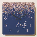 Navy Blue Rose Gold Blush Pink Glitter Monogram Square Wall Clock<br><div class="desc">Navy Blue and Rose Gold - Blush Pink Sparkle Glitter Script Monogram Name Clock. This makes the perfect sweet 16 birthday,  wedding,  bridal shower,  anniversary,  baby shower or bachelorette party gift for someone that loves glam luxury and chic styles.</div>