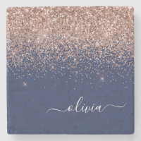 Navy Blue Rose Gold Blush Pink Glitter Monogram