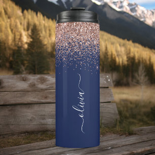 Navy Blue Rose Gold Blush Pink Glitter Monogram Thermal Tumbler