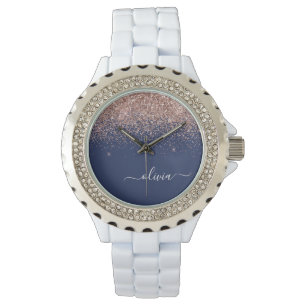 Navy Blue Rose Gold Blush Pink Glitter Monogram Watch