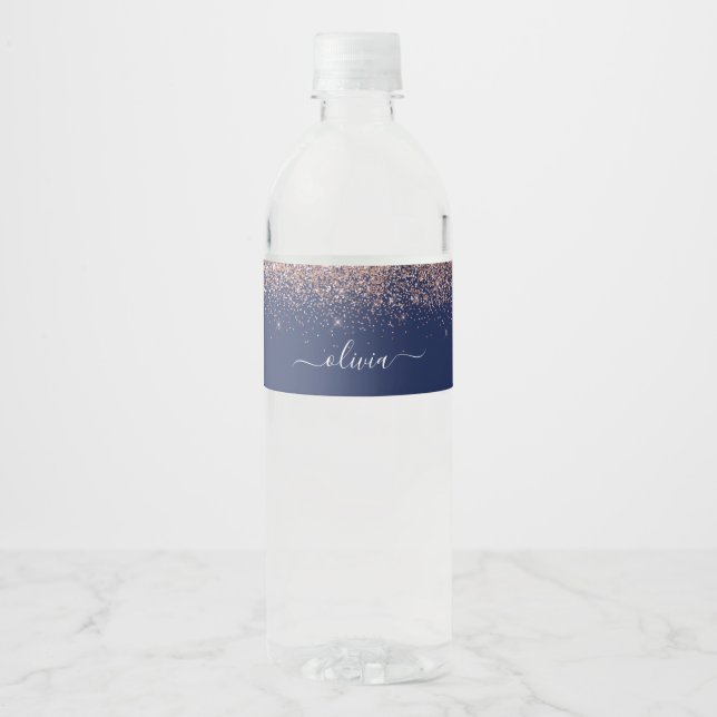 Navy Blue Rose Gold Blush Pink Glitter Monogram Water Bottle Label (Front)