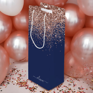 Navy Blue Rose Gold Blush Pink Glitter Monogram Wine Gift Bag