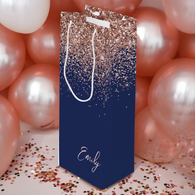 Navy Blue Rose Gold Blush Pink Glitter Monogram Wine Gift Bag (Creator Uploaded)