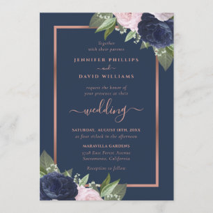 Navy Blue Rose Gold Blush Wedding Invitations