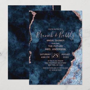 Navy Blue Rose Gold Brunch & Bubbly Bridal Shower Invitation