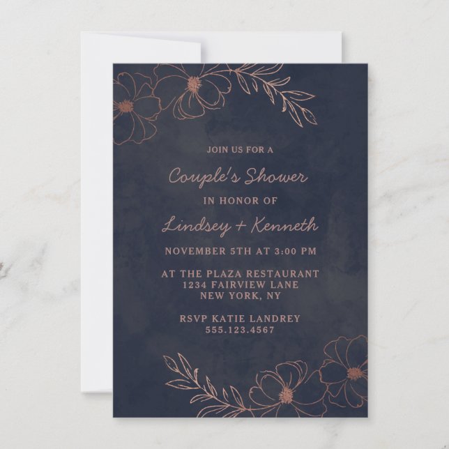 Navy Blue & Rose Gold Chic Couple's Wedding Shower Invitation (Front)