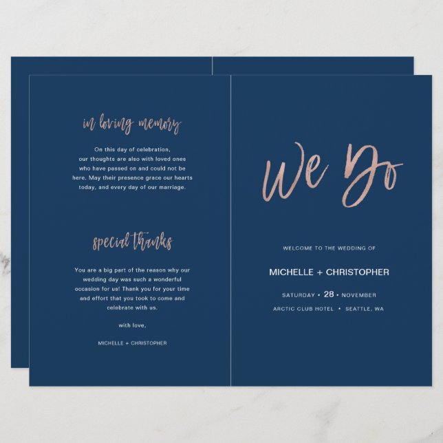 Navy Blue & Rose Gold Chic Wedding Program Booklet (Front/Back)