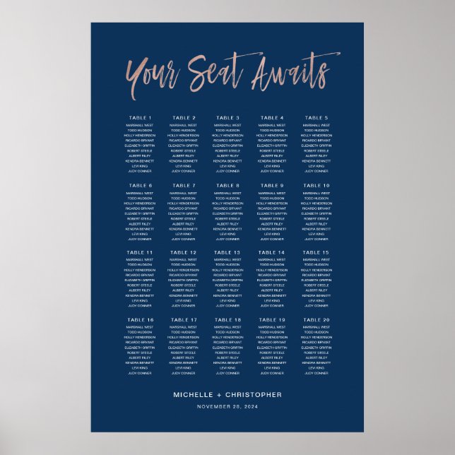 Navy Blue & Rose Gold Chic Wedding Seating Chart (Front)