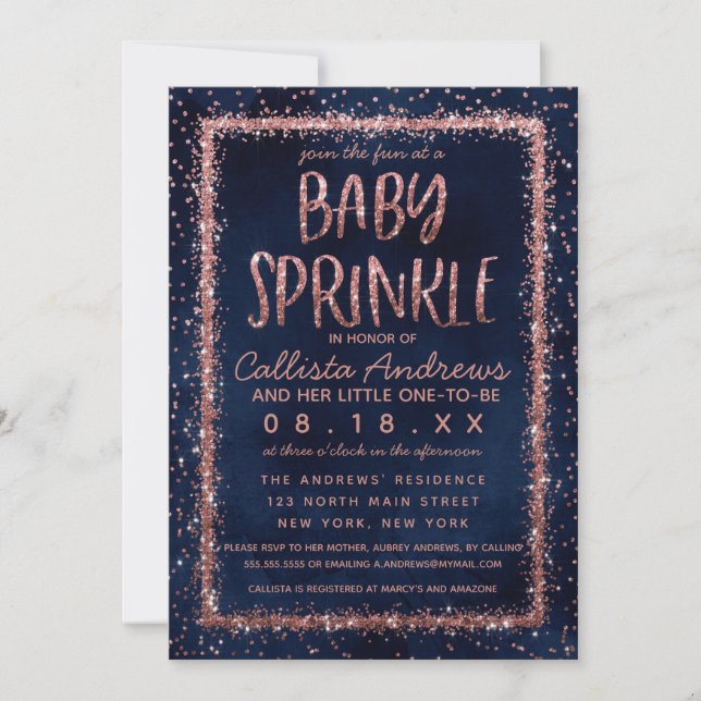 Navy Blue Rose Gold Confetti Baby Sprinkle Shower Invitation (Front)