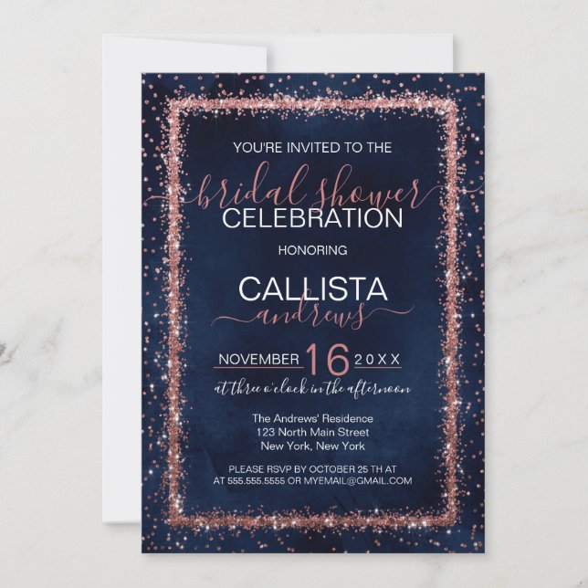 Navy Blue Rose Gold Confetti Bridal Shower Invitation (Front)