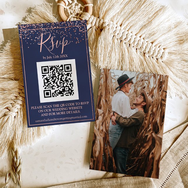 navy blue Rose gold confetti QR code rsvp Enclosure Card (Creator Uploaded)
