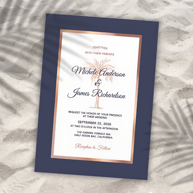 Navy Blue Rose Gold Copper Palm Tree Beach Wedding Invitation (Creator Uploaded)