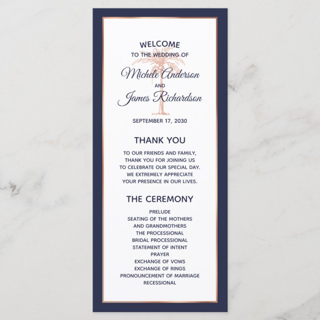 Navy Blue Rose Gold Copper Palm Tree Wedding Programme (Front)