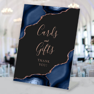 Navy Blue Rose Gold Dark Wedding Cards and Gifts Pedestal Sign
